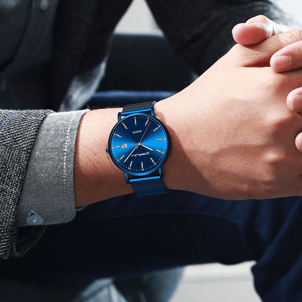 Crrju 2161 Zakelijke Stijl Datumweergave Luxe Blauwe Wijzerplaat Met Volledig Stalen Band Heren Quartz Horloge