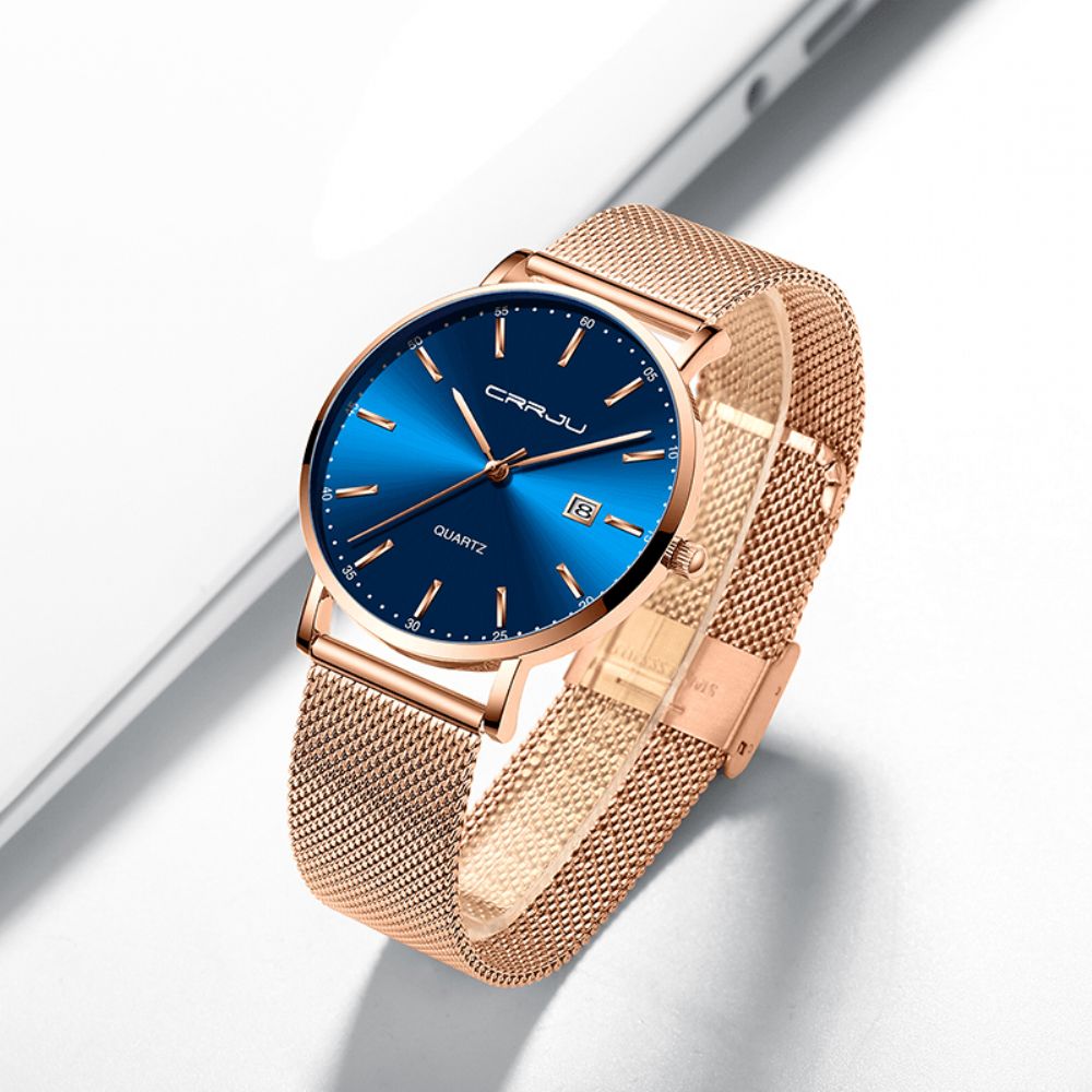 Crrju 2161 Zakelijke Stijl Datumweergave Luxe Blauwe Wijzerplaat Met Volledig Stalen Band Heren Quartz Horloge