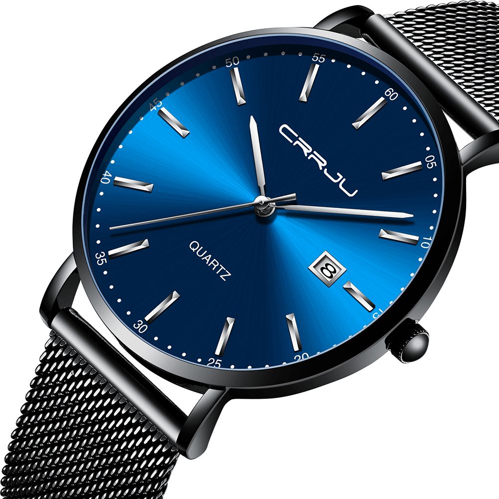 Crrju 2161 Zakelijke Stijl Datumweergave Luxe Blauwe Wijzerplaat Met Volledig Stalen Band Heren Quartz Horloge