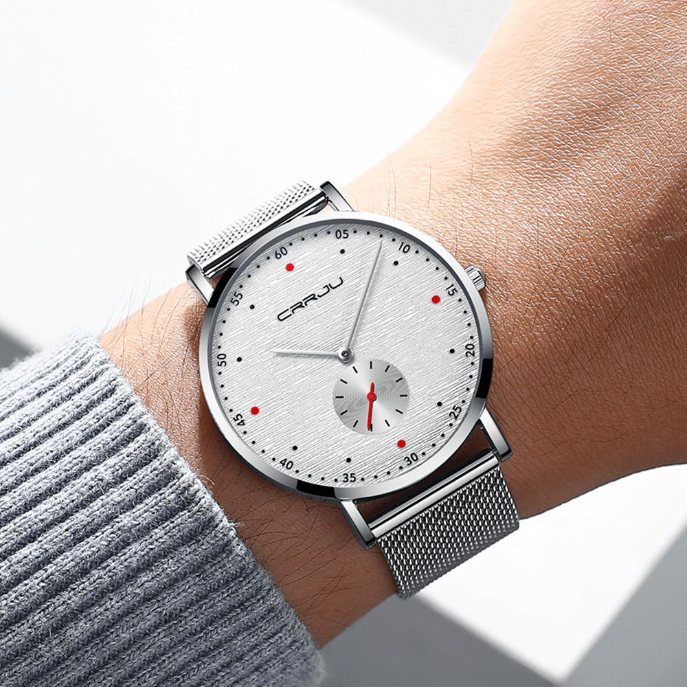 Crrju 2163 Mode Red Dot Design Volledig Stalen Onafhankelijke Tweede Wijzerplaat Heren Quartz Horloge