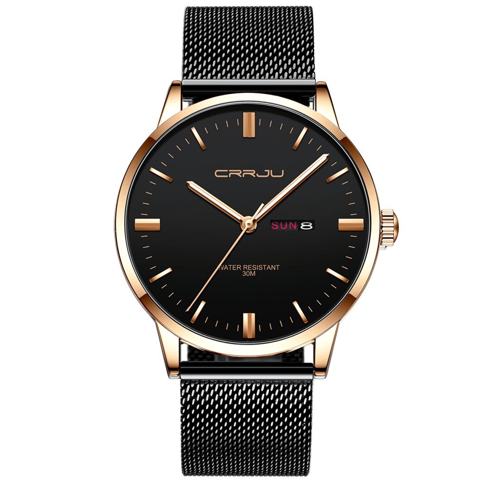 Crrju 2168 Mode Mesh Staal Datum Week Lichtgevende Display Casual Eenvoudige Wijzerplaat Heren Quartz Horloge