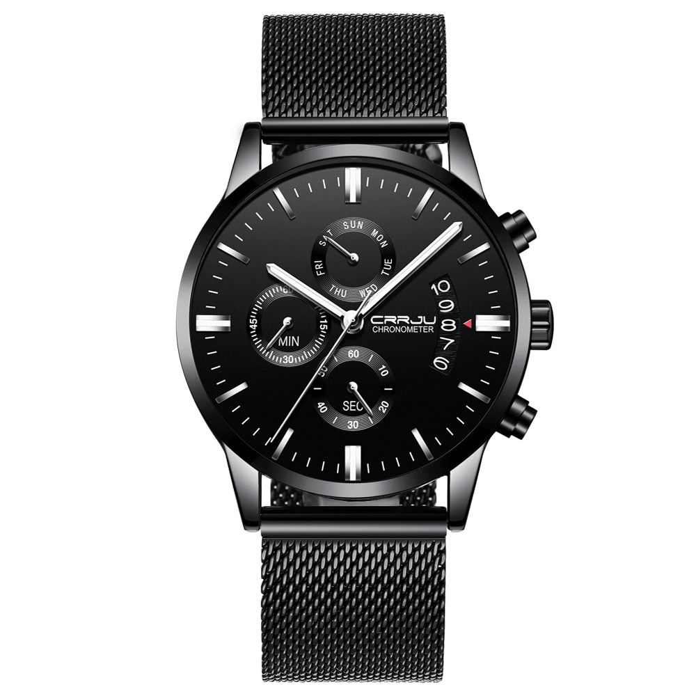 Crrju 2222 Zakelijke Stijl Zwarte Mesh Riem Herenmode Volledige Stalen Band Lichtgevende Display Quartz Horloge