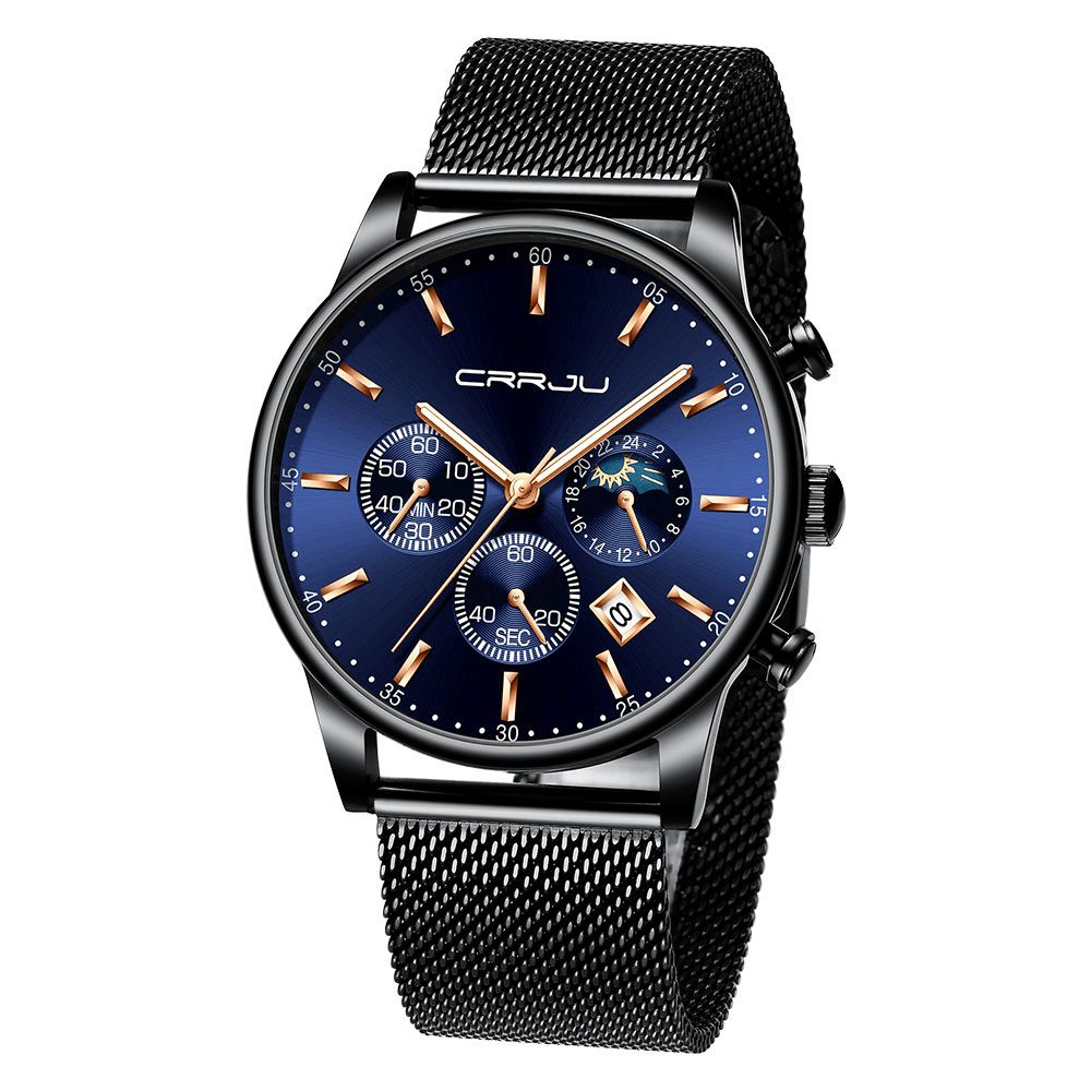 Crrju 2266 Mode Volledig Stalen Gaas Kalender Chronograaf 24 Uur Heren Quartz Horloge