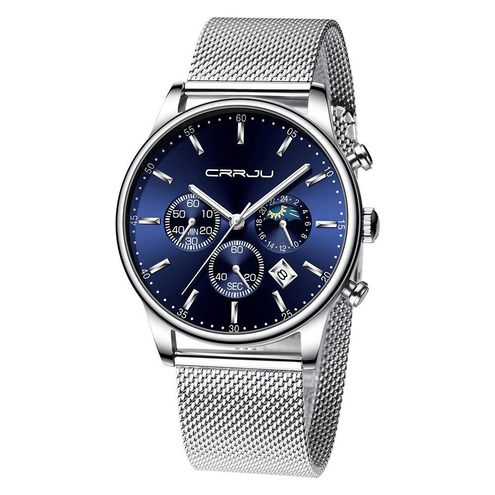 Crrju 2266 Mode Volledig Stalen Gaas Kalender Chronograaf 24 Uur Heren Quartz Horloge