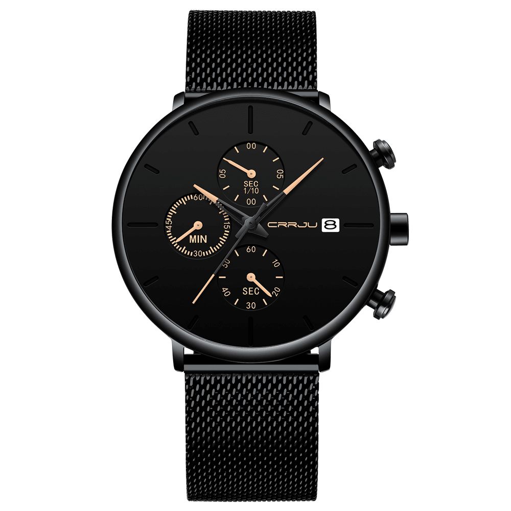 Crrju 2268 Heren Volledig Mesh Stalen Band Mode Naald Wijzerplaat Ontwerp Kalender Quartz Horloge