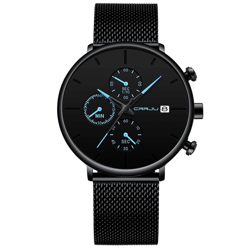 Crrju 2268 Heren Volledig Mesh Stalen Band Mode Naald Wijzerplaat Ontwerp Kalender Quartz Horloge