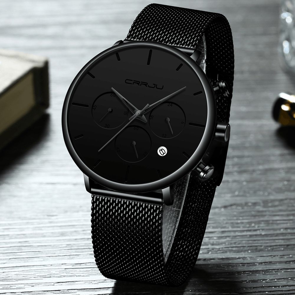 Crrju 2271 Heren Eenvoudig Atmosferisch Wijzerplaat Kleur Ontwerp Naald Full Mesh Stalen Band Quartz Horloge