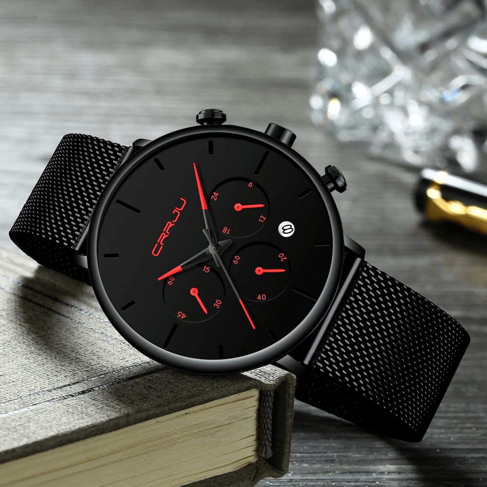 Crrju 2271 Heren Eenvoudig Atmosferisch Wijzerplaat Kleur Ontwerp Naald Full Mesh Stalen Band Quartz Horloge