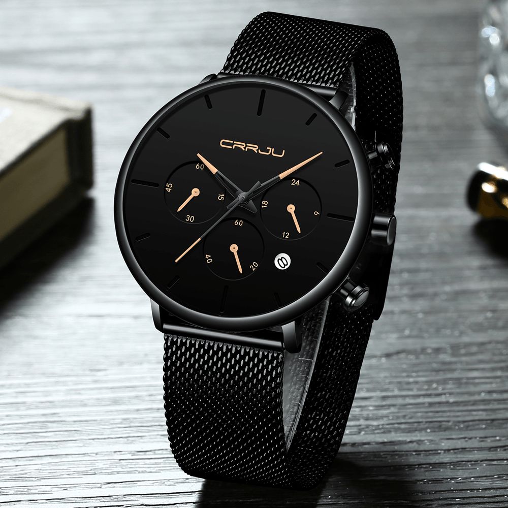 Crrju 2271 Heren Eenvoudig Atmosferisch Wijzerplaat Kleur Ontwerp Naald Full Mesh Stalen Band Quartz Horloge