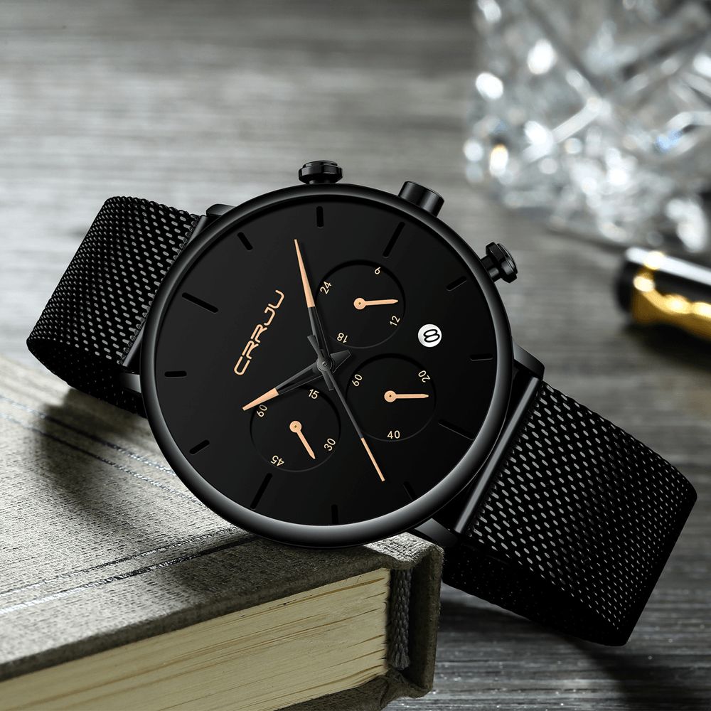 Crrju 2271 Heren Eenvoudig Atmosferisch Wijzerplaat Kleur Ontwerp Naald Full Mesh Stalen Band Quartz Horloge