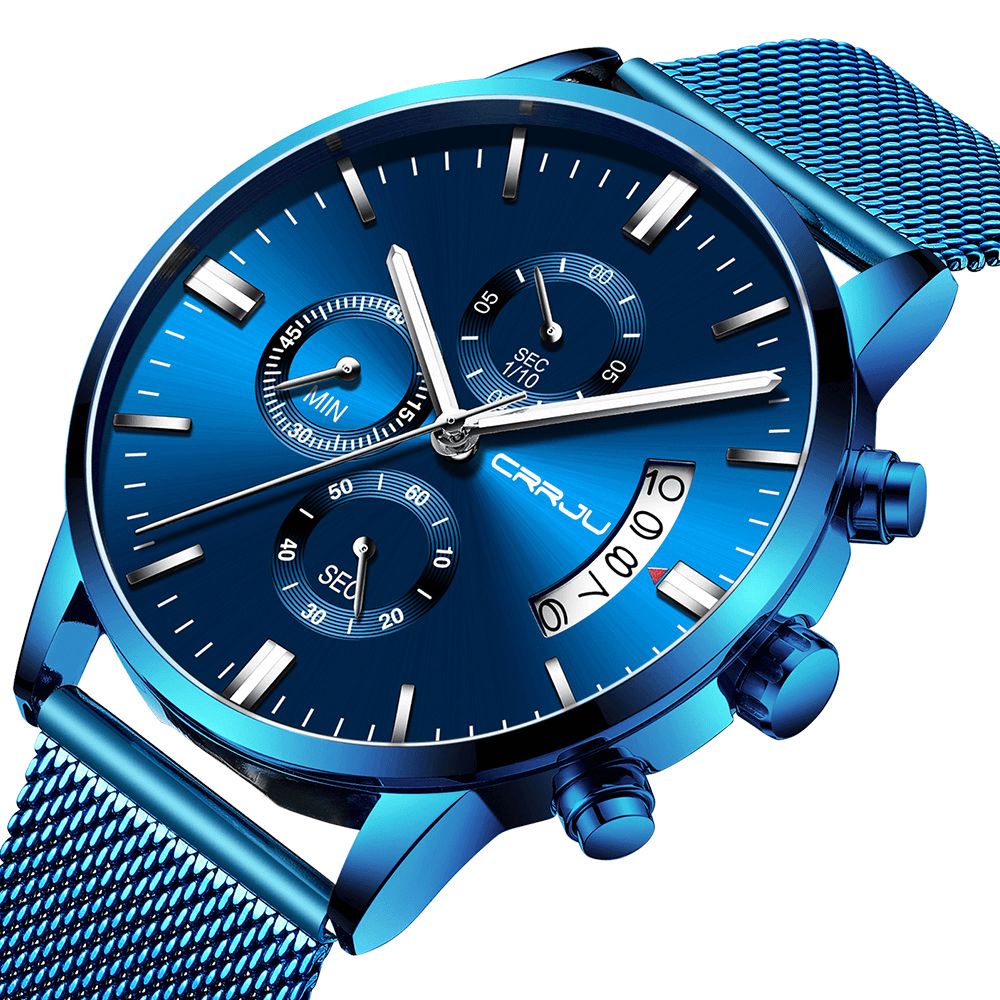 Crrju 2273 Herenmode Blauwe Wijzerplaat Full Mesh Stalen Band Sportklok Waterdicht Quartz Horloge