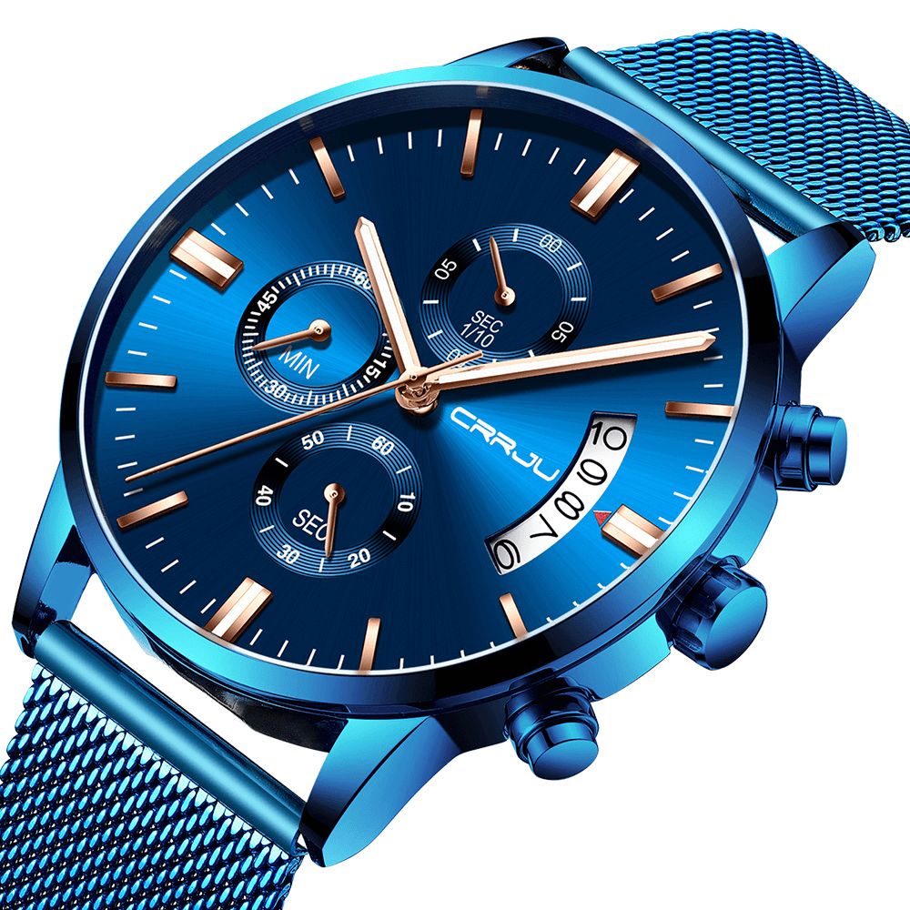 Crrju 2273 Herenmode Blauwe Wijzerplaat Full Mesh Stalen Band Sportklok Waterdicht Quartz Horloge