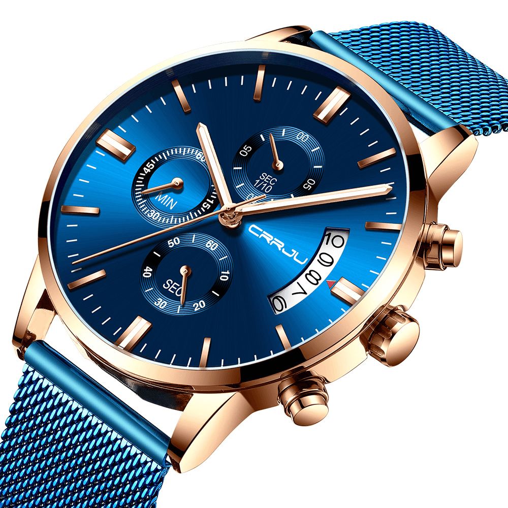 Crrju 2273 Herenmode Blauwe Wijzerplaat Full Mesh Stalen Band Sportklok Waterdicht Quartz Horloge