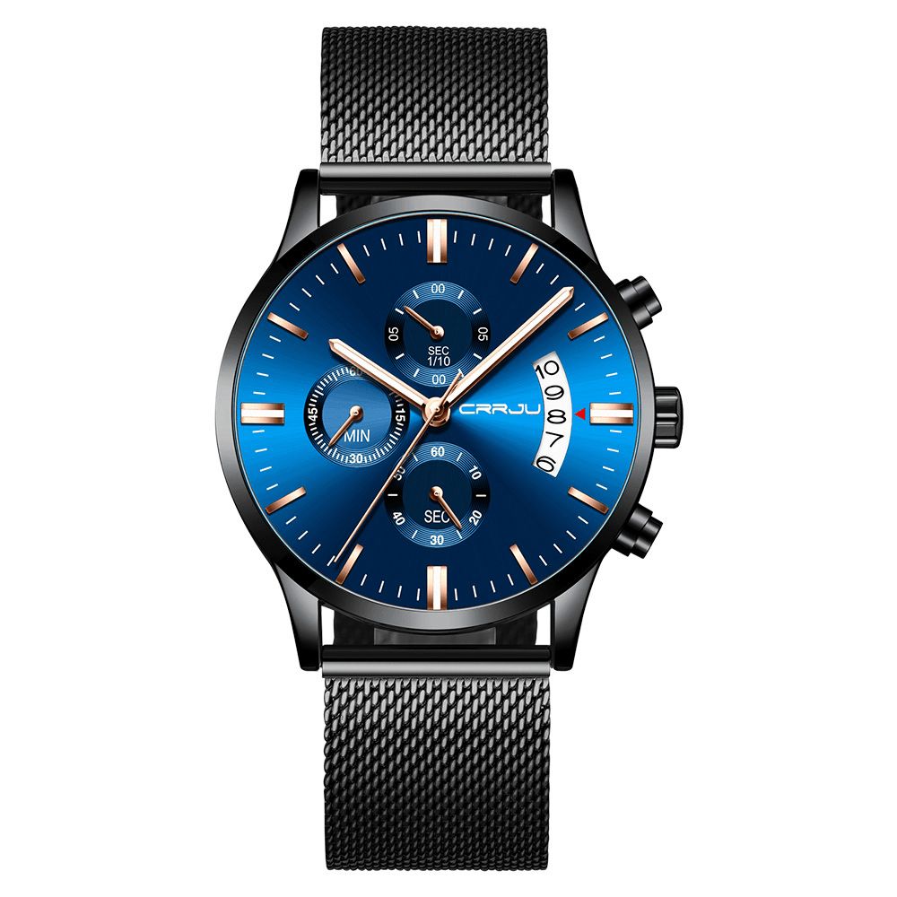 Crrju 2273 Herenmode Blauwe Wijzerplaat Full Mesh Stalen Band Sportklok Waterdicht Quartz Horloge