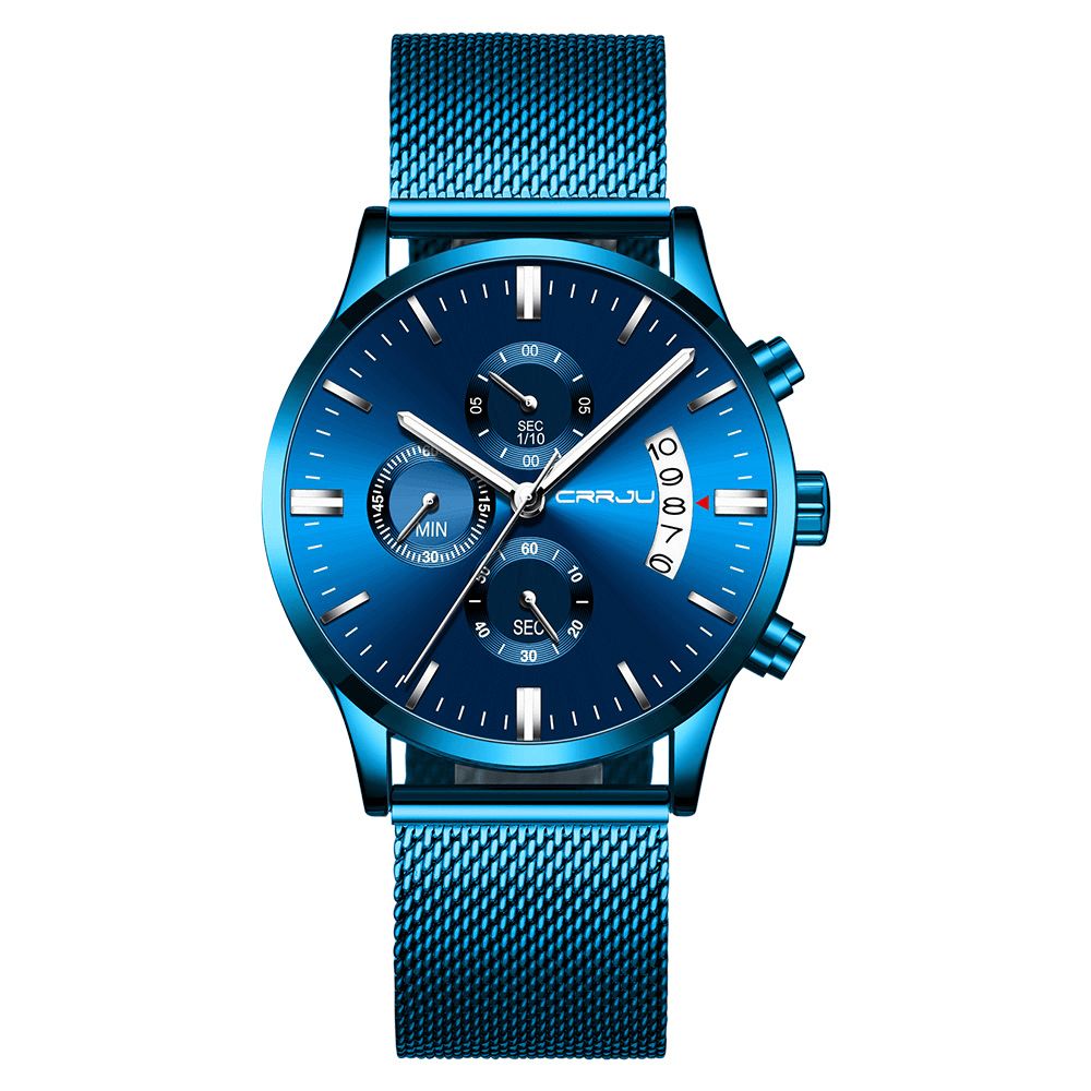 Crrju 2273 Herenmode Blauwe Wijzerplaat Full Mesh Stalen Band Sportklok Waterdicht Quartz Horloge