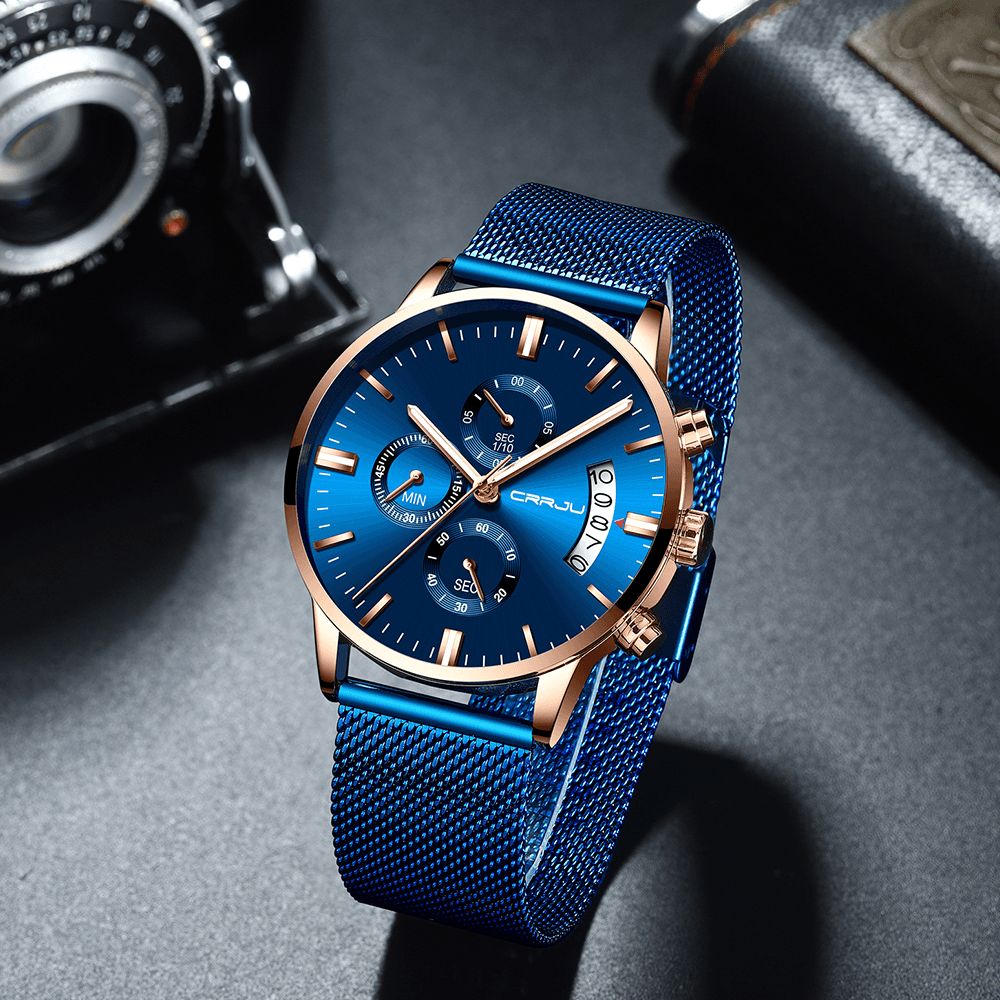 Crrju 2273 Herenmode Blauwe Wijzerplaat Full Mesh Stalen Band Sportklok Waterdicht Quartz Horloge