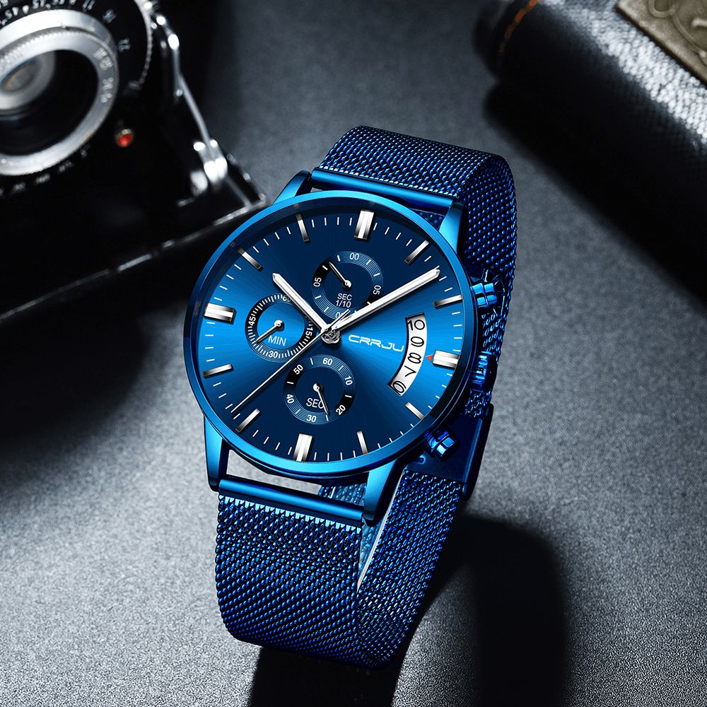 Crrju 2273 Herenmode Blauwe Wijzerplaat Full Mesh Stalen Band Sportklok Waterdicht Quartz Horloge