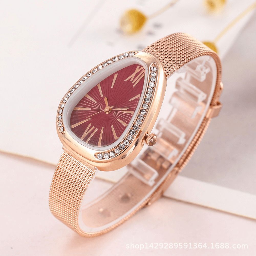 Crystal Case Triangle Dial Simple Design Full Stell Mesh Belt Dames Quartz Horloge