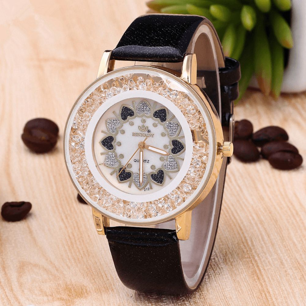 Crystal Shining Dress Dameshorloge Rose Gold Case Lederen Band Quartz Horloges