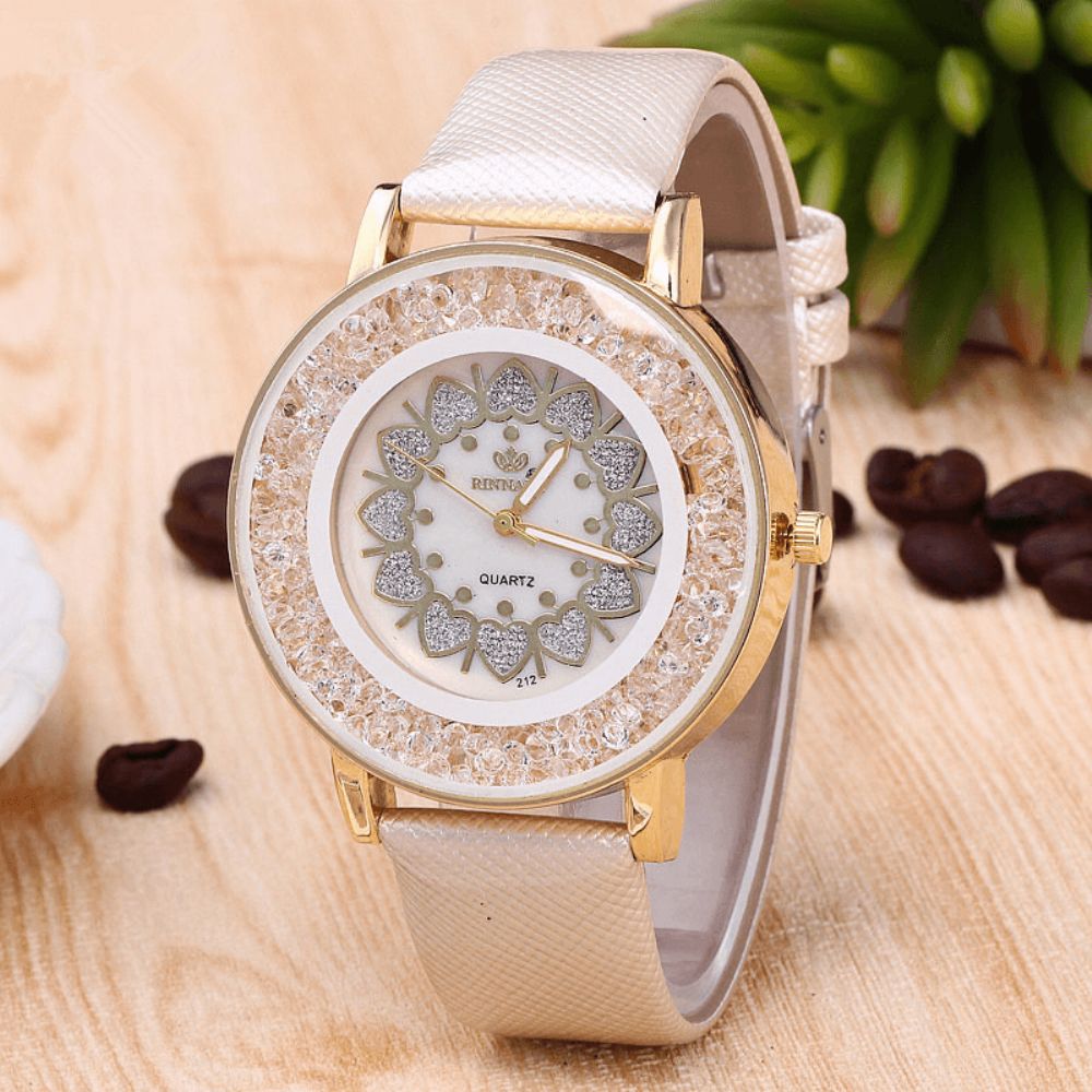 Crystal Shining Dress Dameshorloge Rose Gold Case Lederen Band Quartz Horloges