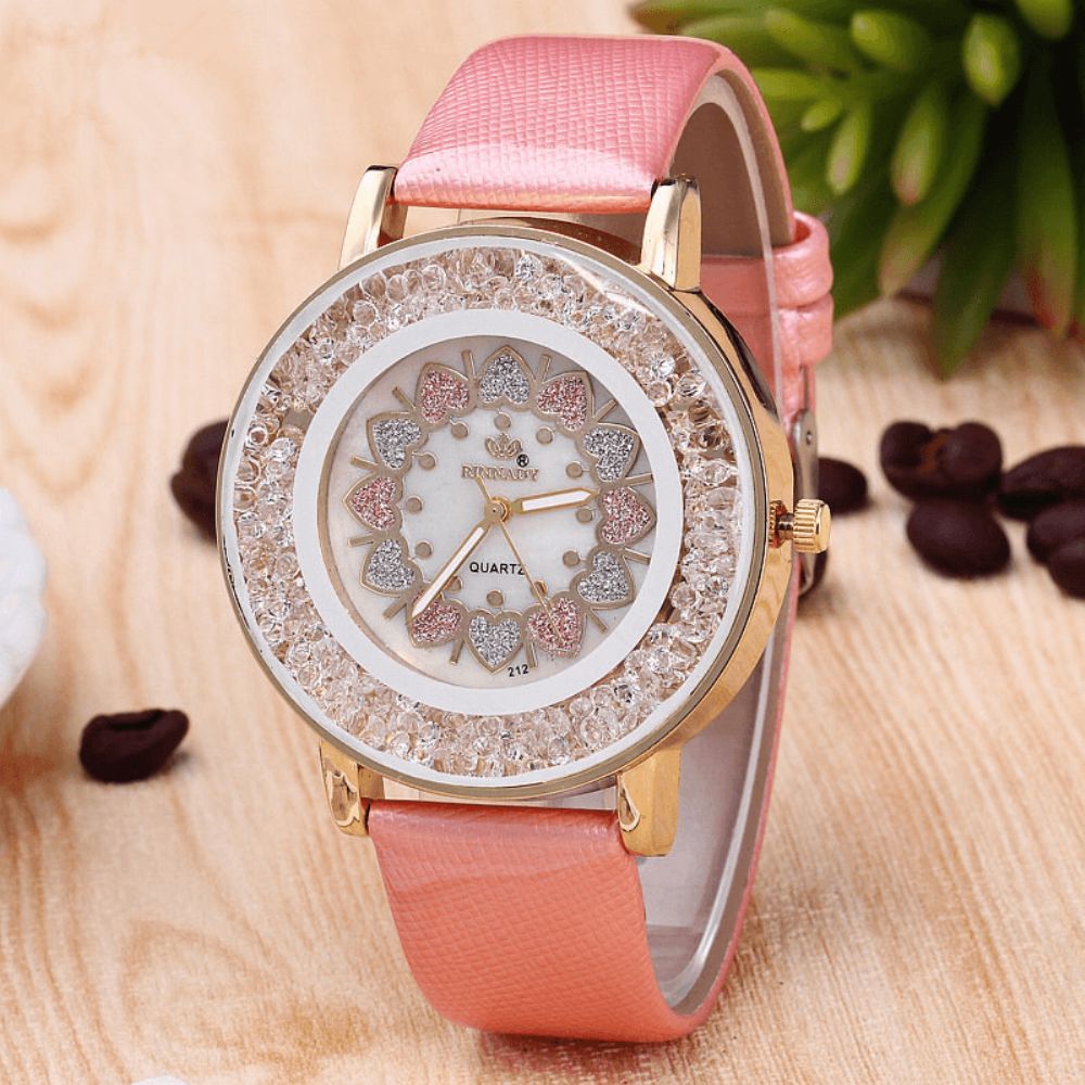 Crystal Shining Dress Dameshorloge Rose Gold Case Lederen Band Quartz Horloges