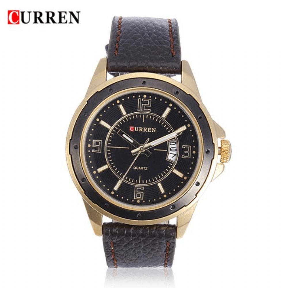 Curren 8124 Zwart Goud Datum Sport Lederen Ronde Heren Polshorloge