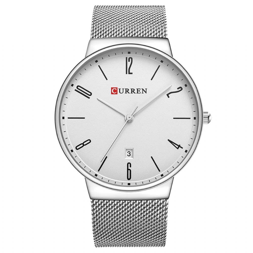 Curren 8257 Ultradunne Casual Design Quartz Horloge Datumweergave Roestvrij Staal Herenhorloge