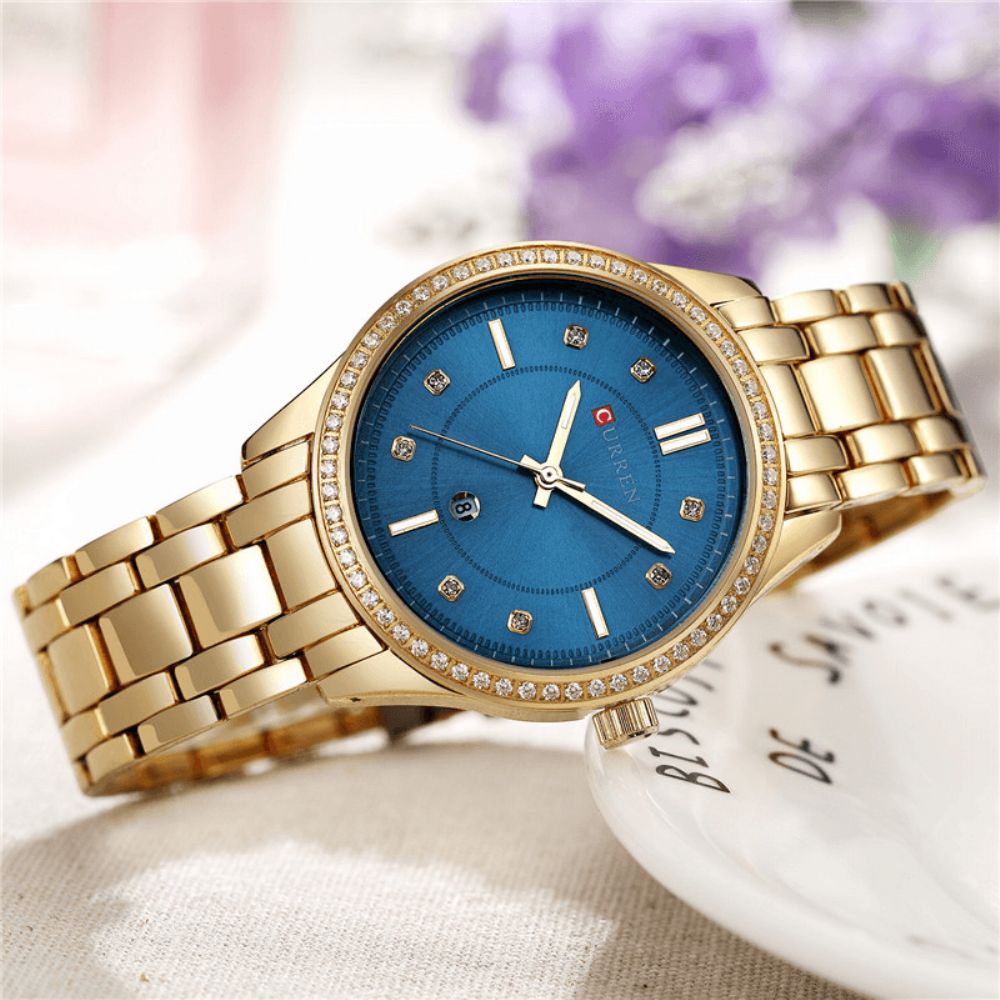 Curren 9010 Waterdicht Crystal Elegant Design Dames Polshorloge Datumweergave Quartz Horloge