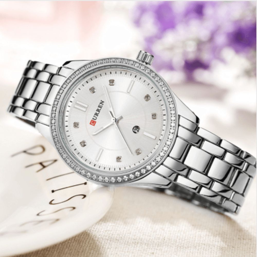 Curren 9010 Waterdicht Crystal Elegant Design Dames Polshorloge Datumweergave Quartz Horloge