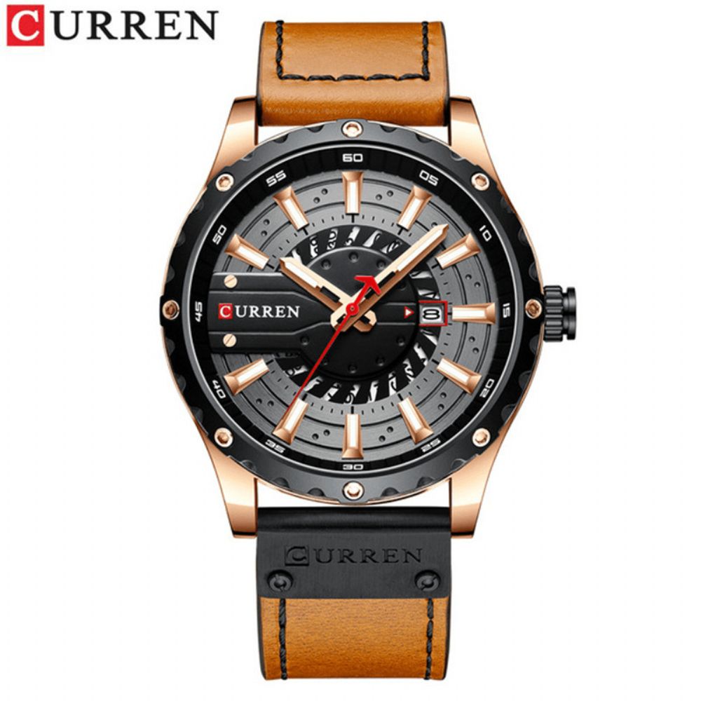 Curren Casual Zaken Met Kalender Wijzerplaat Pu Lederen Band 3Atm Waterdicht Heren Quartz Horloge Polshorloge