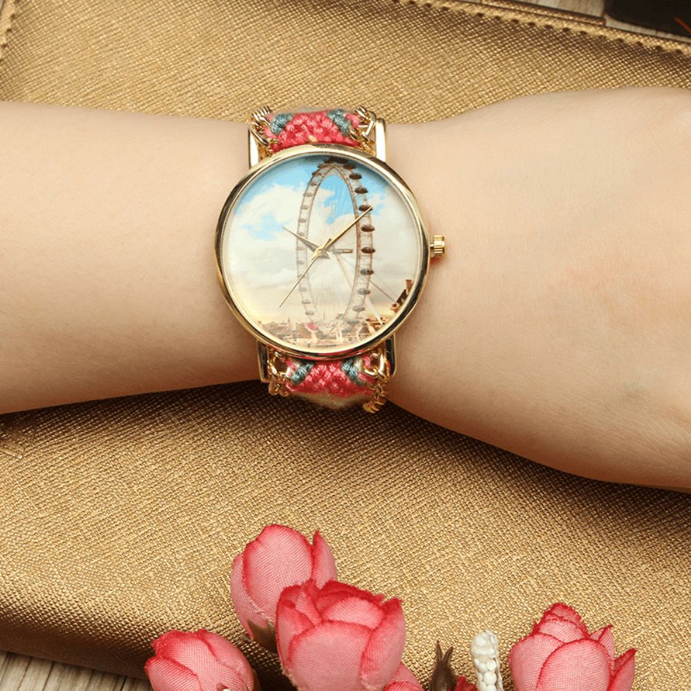 Custom Folk Style Vrouwen Horloge Reuzenrad Legering Case Gebreide Stof Band Casual Retro Quartz Polshorloge