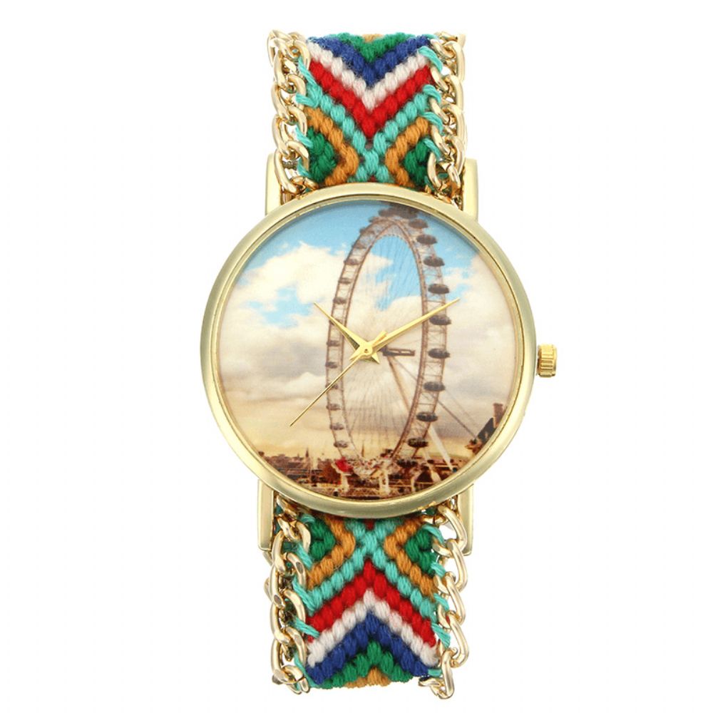 Custom Folk Style Vrouwen Horloge Reuzenrad Legering Case Gebreide Stof Band Casual Retro Quartz Polshorloge