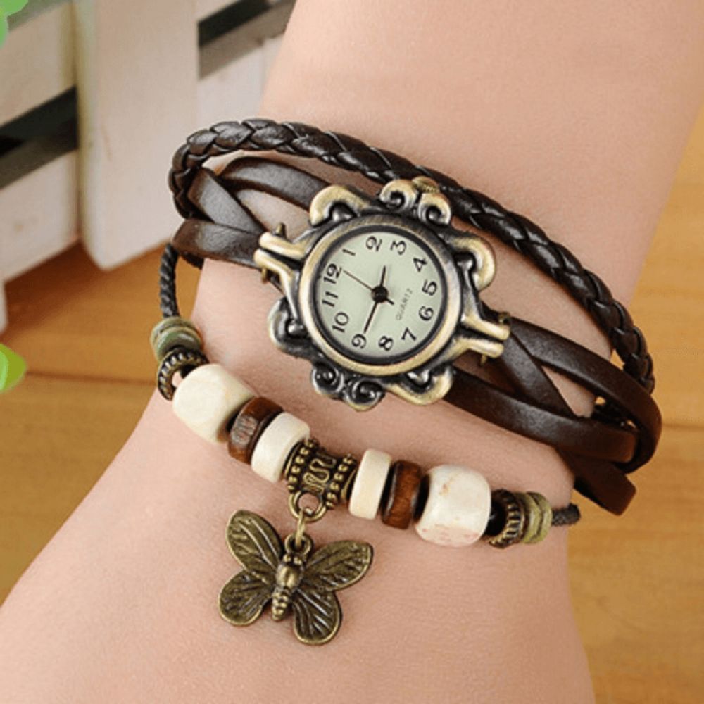 Dames Casual Vintage Multilayer Vlinder Kunstleer Armband Quartz Horloge