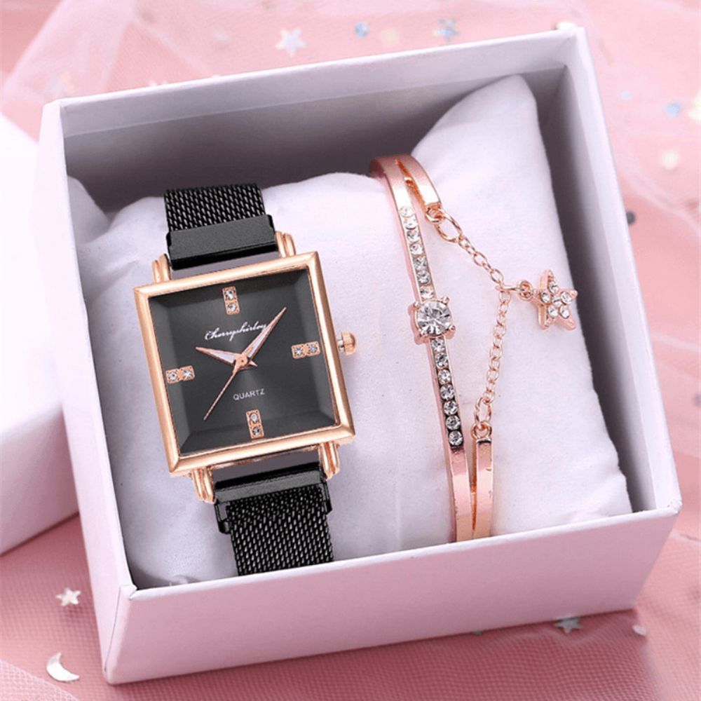 Dames Mode Horloge Set Creatieve Vierkante Wijzerplaat Magneet Gesp Rvs Mesh Band Vrouwen Quartz Horloge Elegante Armband: