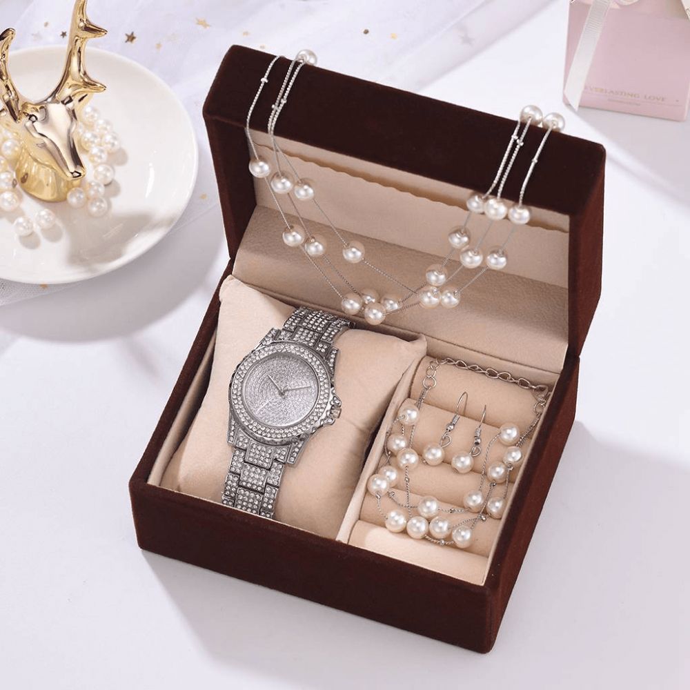 Deffrun 4-Delige Dameshorloge Set Volledige Diamanten Ronde Horloge Parel Armband Oorbellen Ketting Geschenkset