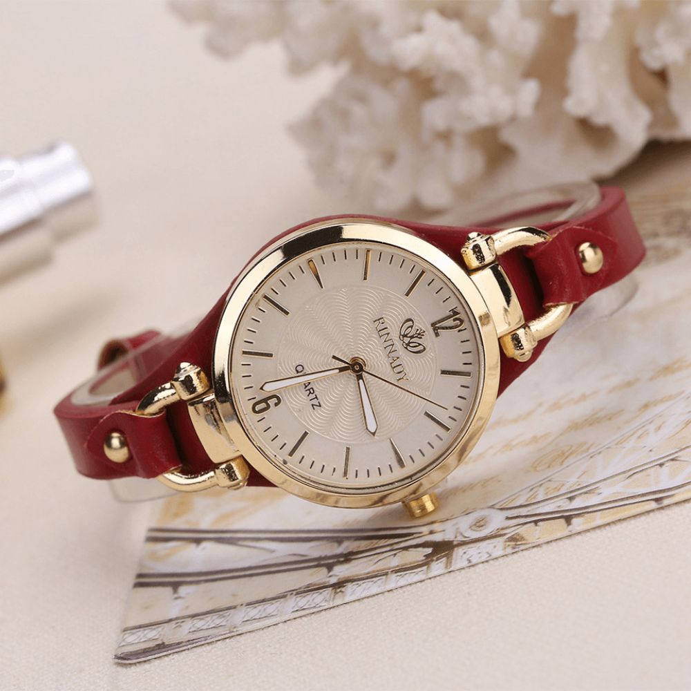 Deffrun Casual Stijl Kleurrijke Gouden Kast Dames Polshorloge Pu Lederen Quartz Horloges