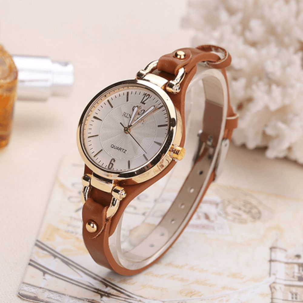 Deffrun Casual Stijl Kleurrijke Gouden Kast Dames Polshorloge Pu Lederen Quartz Horloges