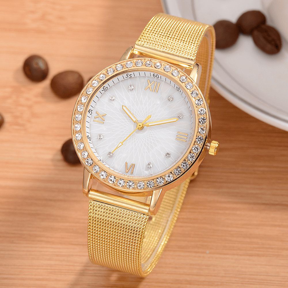 Deffrun Casual Style Crystal Dames Polshorloge Full Steel Band Quartz Horloges