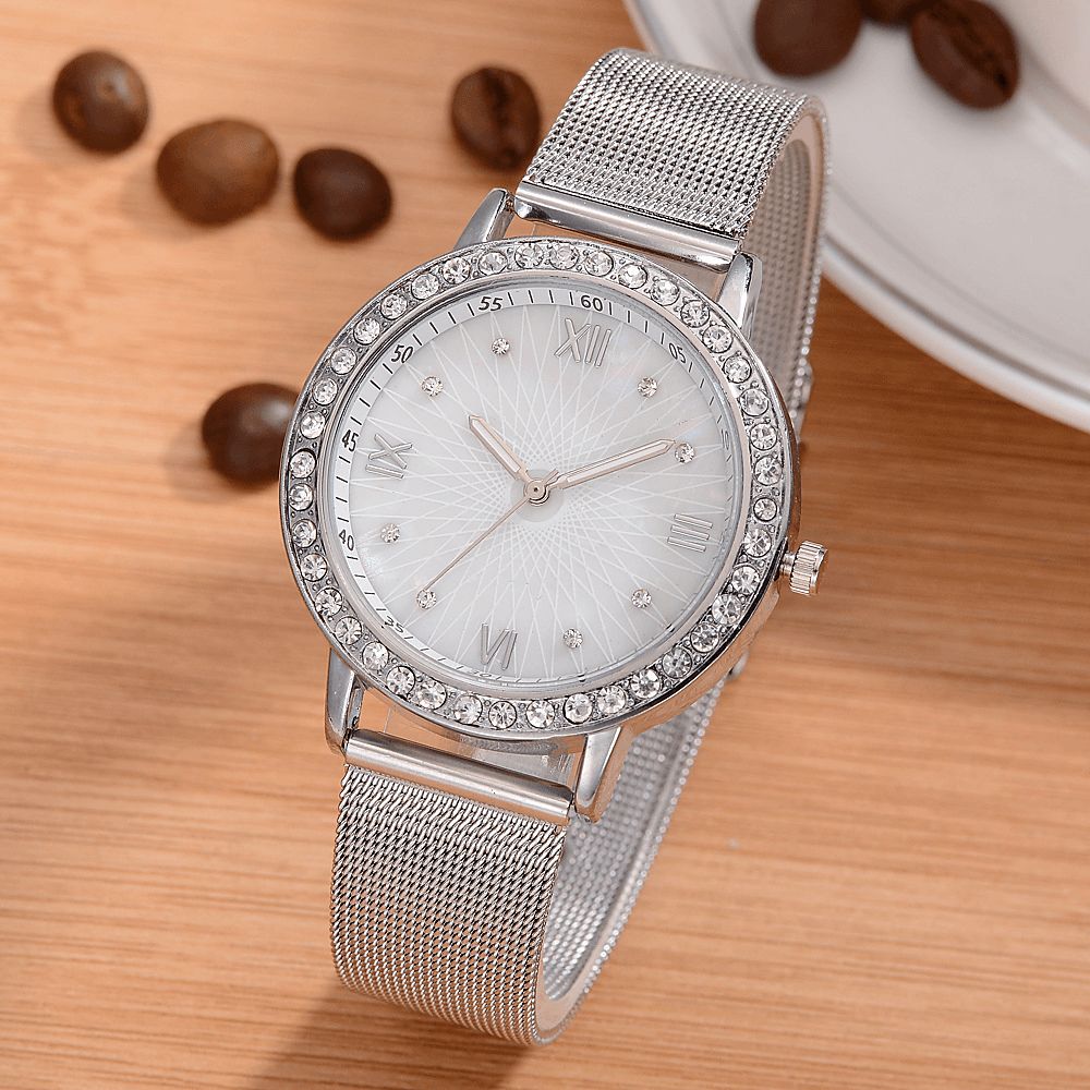 Deffrun Casual Style Crystal Dames Polshorloge Full Steel Band Quartz Horloges