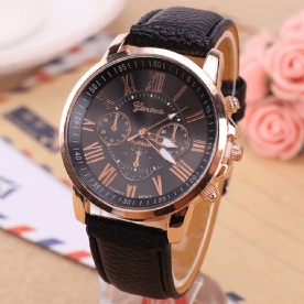 Deffrun Decoratieve Drie Wijzerplaten Dames Polshorloge Romeinse Cijfers Lederen Band Quartz Horloge