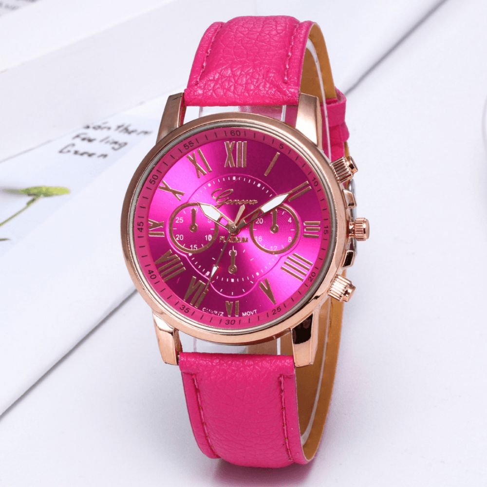 Deffrun Decoratieve Drie Wijzerplaten Dames Polshorloge Romeinse Cijfers Lederen Band Quartz Horloge