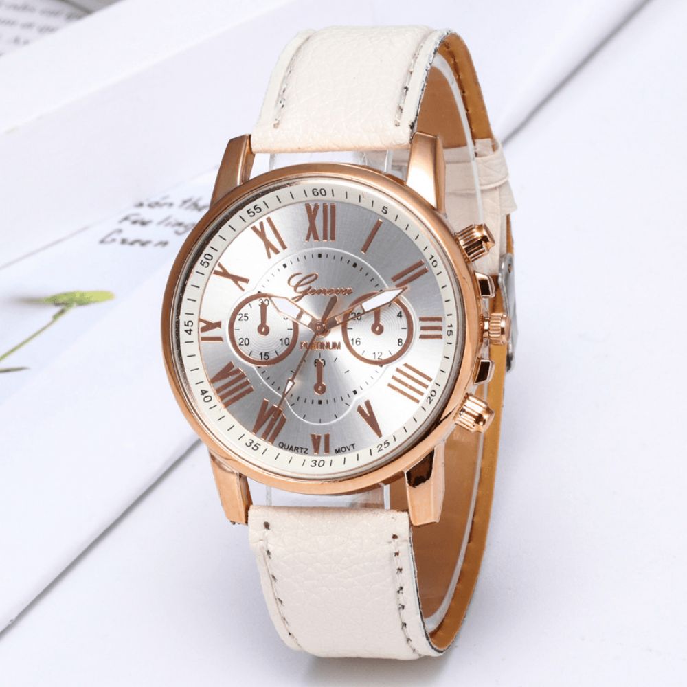 Deffrun Decoratieve Drie Wijzerplaten Dames Polshorloge Romeinse Cijfers Lederen Band Quartz Horloge