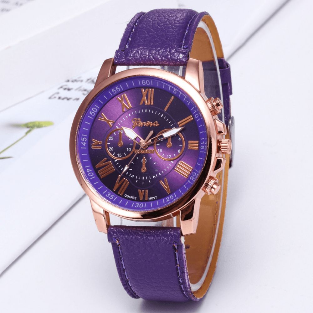 Deffrun Decoratieve Drie Wijzerplaten Dames Polshorloge Romeinse Cijfers Lederen Band Quartz Horloge