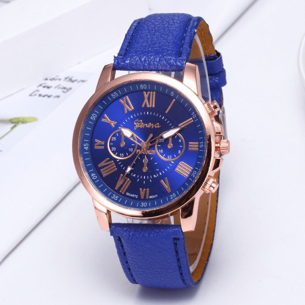 Deffrun Decoratieve Drie Wijzerplaten Dames Polshorloge Romeinse Cijfers Lederen Band Quartz Horloge