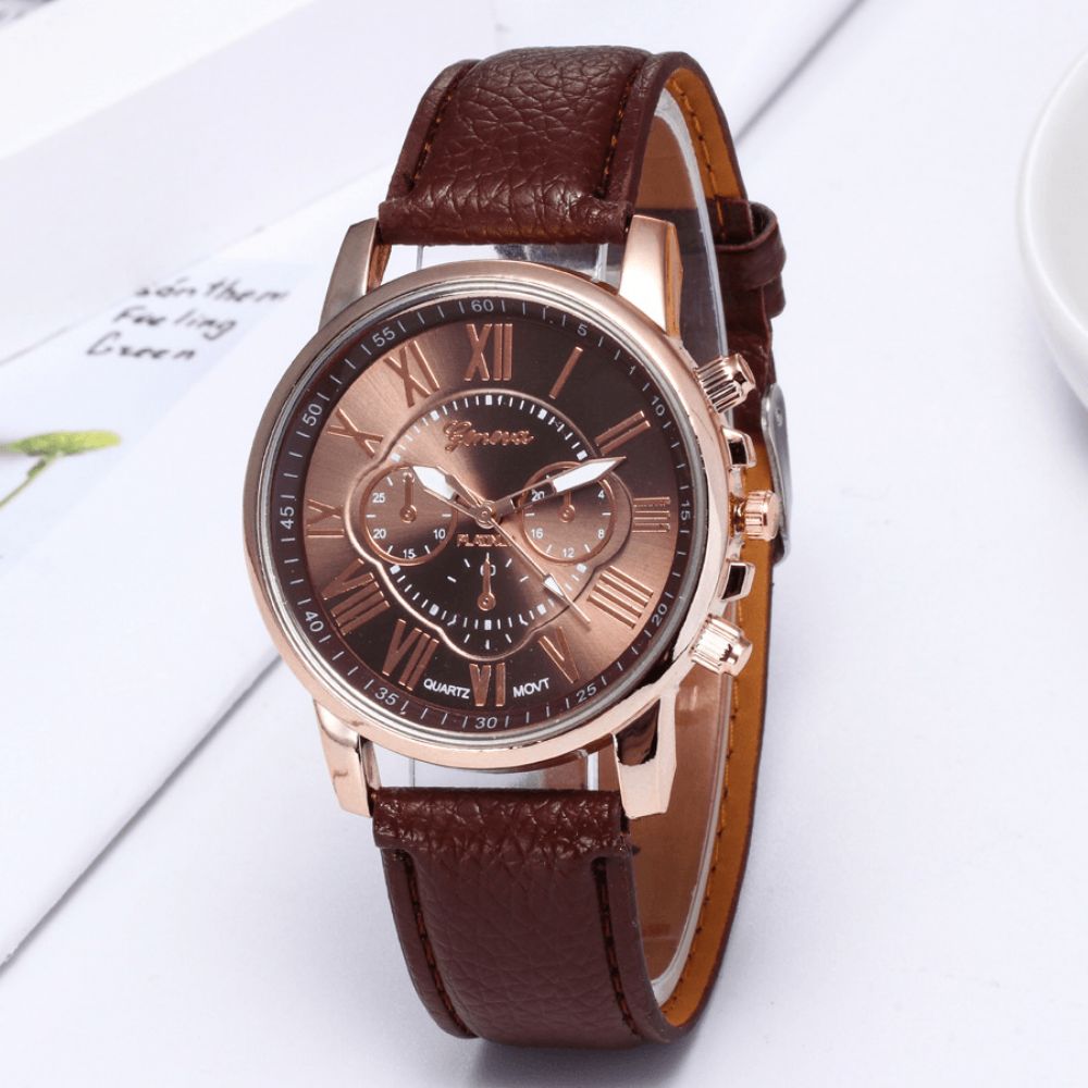 Deffrun Decoratieve Drie Wijzerplaten Dames Polshorloge Romeinse Cijfers Lederen Band Quartz Horloge