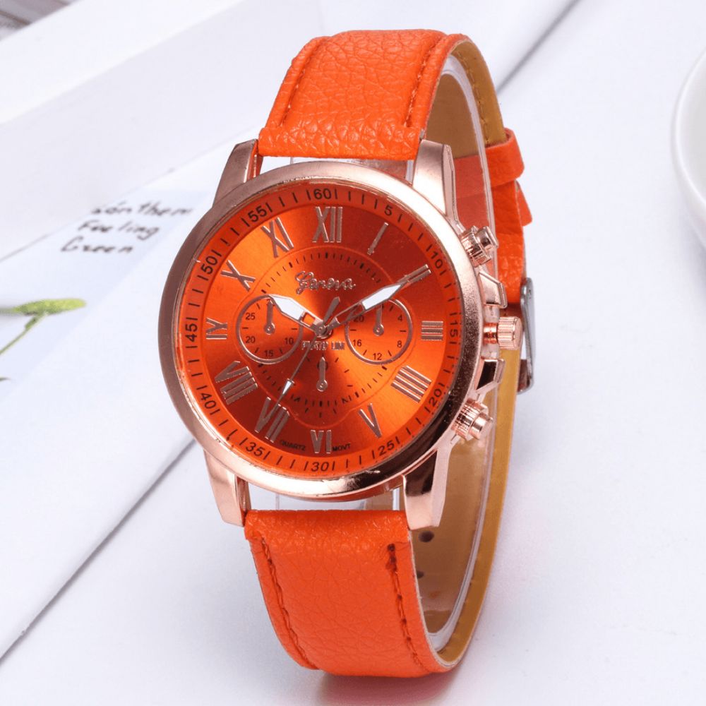 Deffrun Decoratieve Drie Wijzerplaten Dames Polshorloge Romeinse Cijfers Lederen Band Quartz Horloge