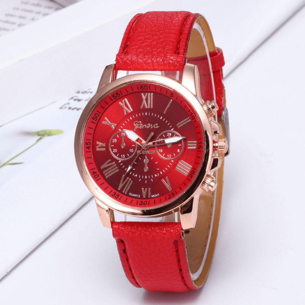 Deffrun Decoratieve Drie Wijzerplaten Dames Polshorloge Romeinse Cijfers Lederen Band Quartz Horloge