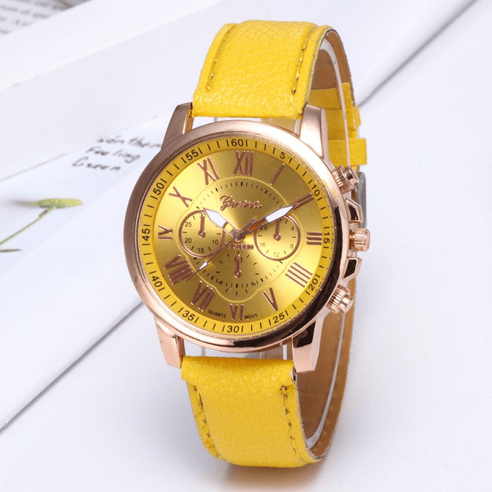 Deffrun Decoratieve Drie Wijzerplaten Dames Polshorloge Romeinse Cijfers Lederen Band Quartz Horloge