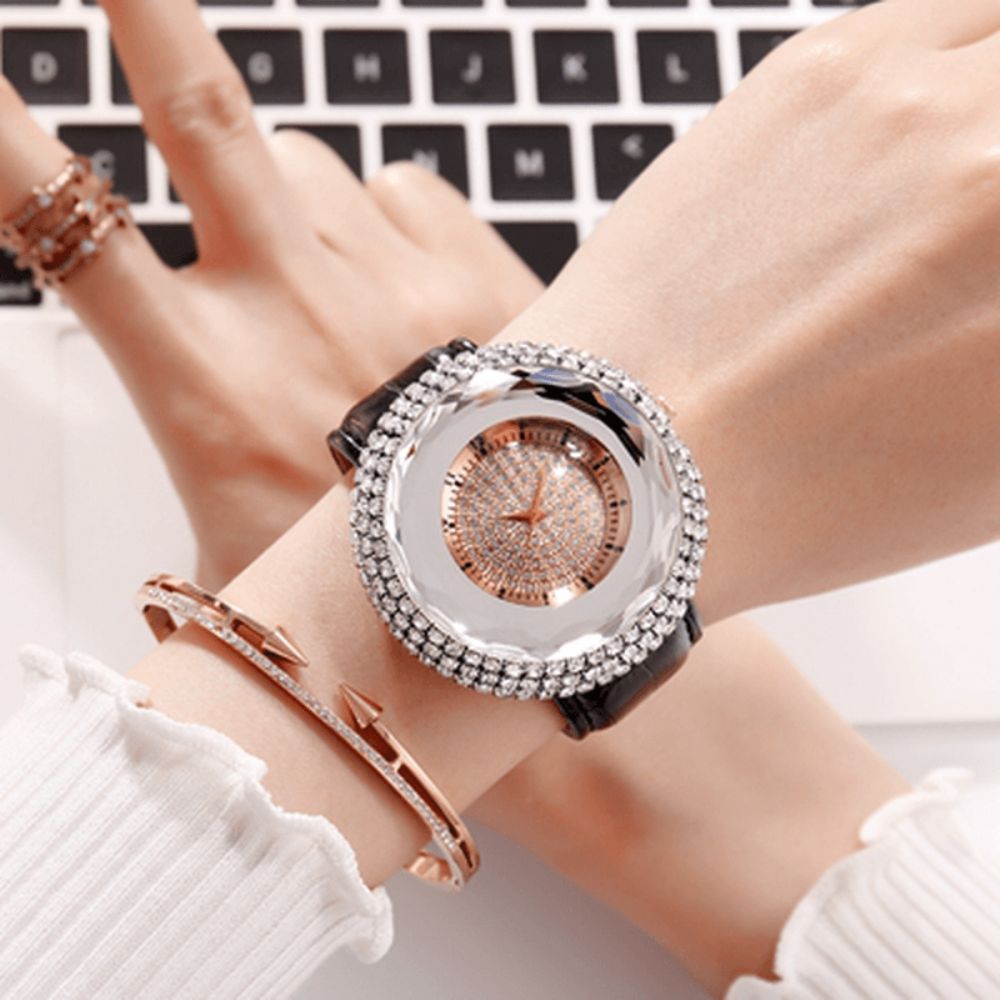 Deffrun Diamonds Elegant Design Dames Polshorloge Pu Lederen Band Quartz Horloges