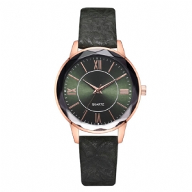 Deffrun Gouden Kast Retro Stijl Dameshorloge Romeins Cijfer Pu Lederen Band Quartz Horloge